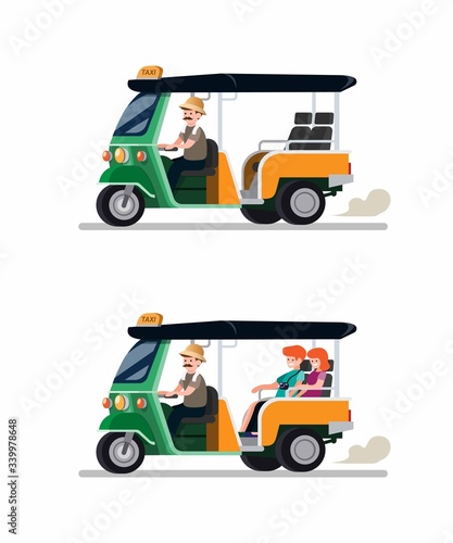 Tuk tuk rickshaw traditional transportation from thailand with driver and tourist couple icon set. Cartoon flat vector illustration