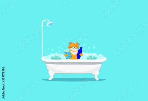 A red cat stands in a bathtub filled with foam and soap bubbles, holds a washcloth and shampoo in its paws, hygiene, taking a bath, on a blue background
