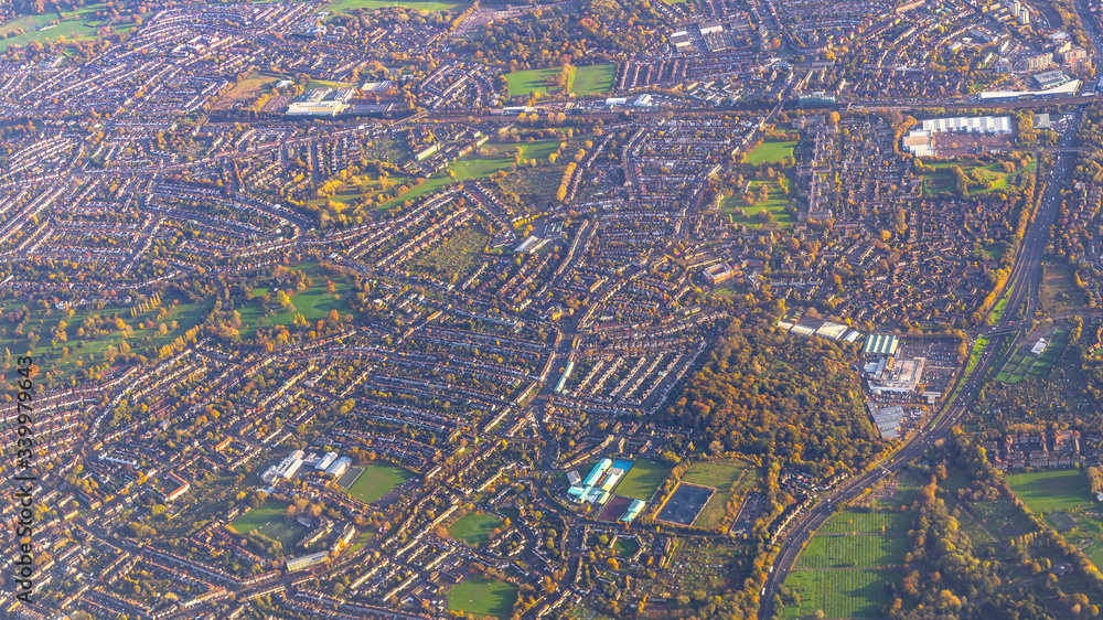 Aerial sunrise view of suburban houses in Edinburgh, Scotland, UK