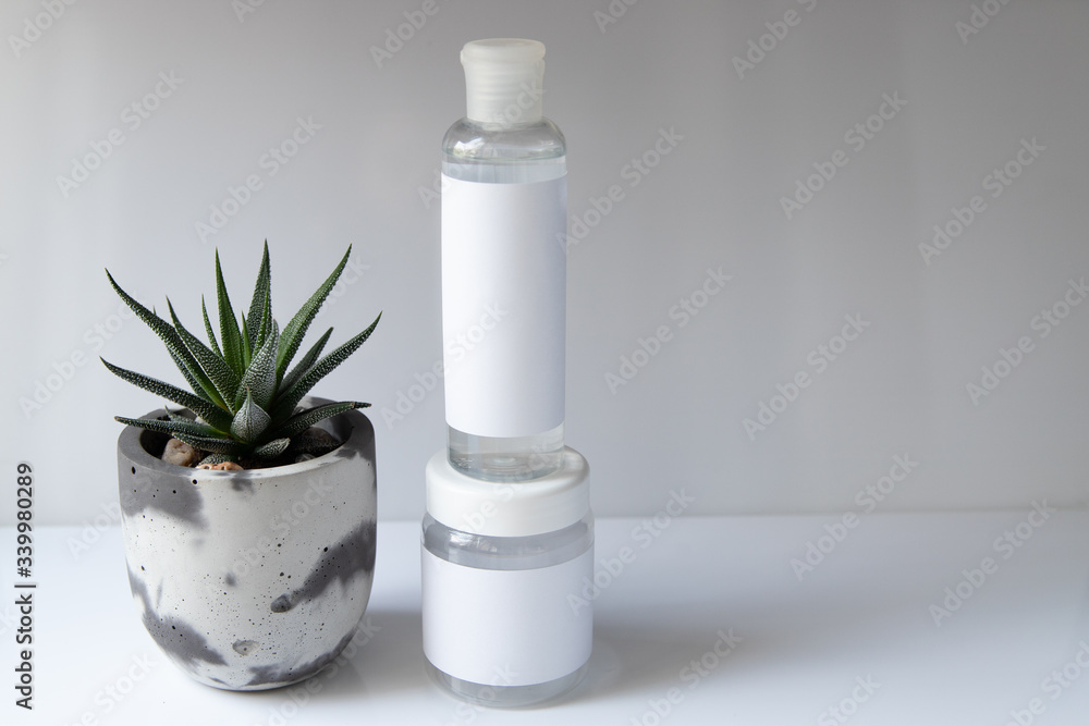 Cosmetic bottle for liquid, cream, gel, lotion. Hand sanitizer. Organic natural science beauty product. Battle with haworthia flower on white background Cosmetic bottle for liquid, cream, gel, lotion. Hand sanitizer. Organic natural science beauty product. Battle with haworthia flower on white background