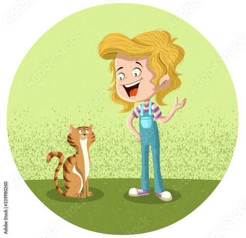 Cartoon girl with her cat. Vector illustration of funny happy pet with kid.