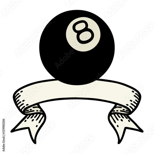 tattoo with banner of a 8 ball