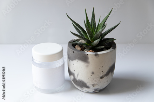 Cosmetic bottle for liquid  cream  gel  lotion. Hand sanitizer. Organic natural science beauty product. Battle with haworthia flower on white background
