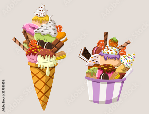 Cartoon ice cream with o lot of toppings.