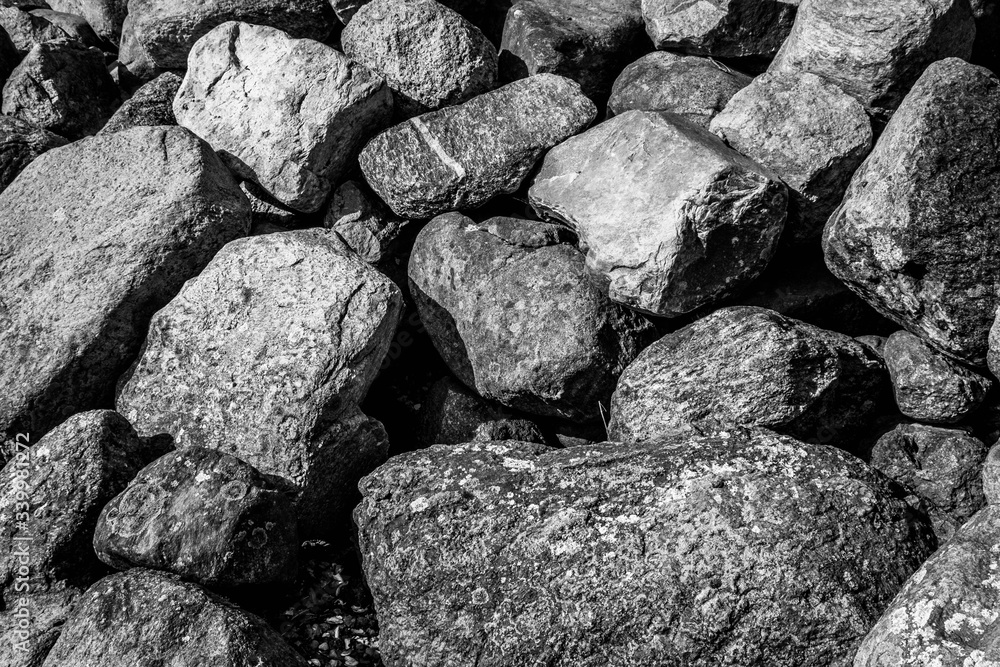 black stones on the seashore covered with algae and moss black stones on the seashore covered with algae and moss