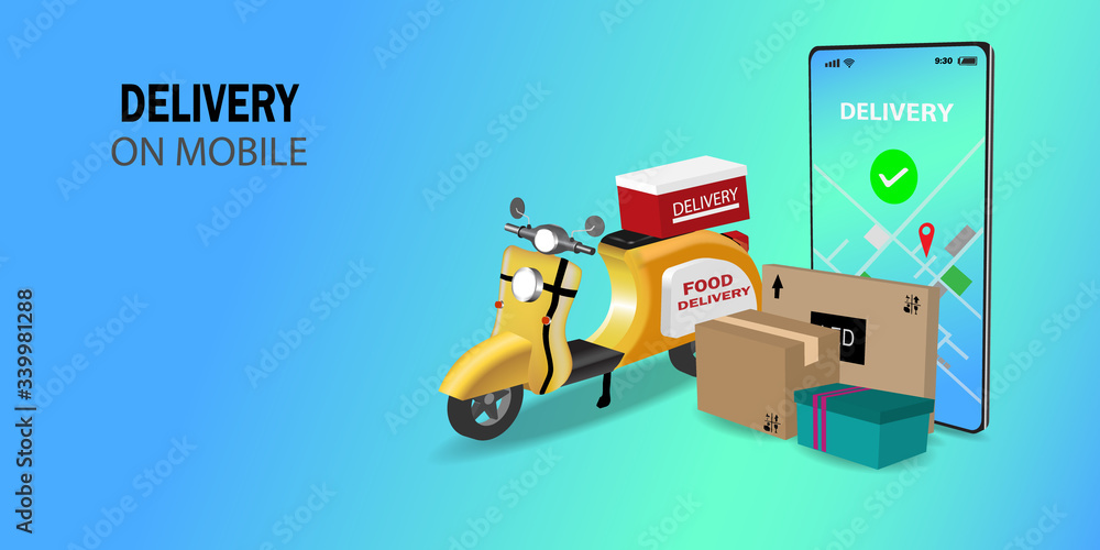 Fast delivery package by scooter on mobile phone. Order package in E-commerce by app. Tracking courier by map application. Blue and Green background. Perspective vector