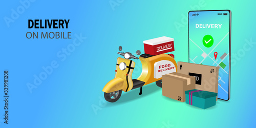 Fast delivery package by scooter on mobile phone. Order package in E-commerce by app. Tracking courier by map application. Blue and Green background. Perspective vector