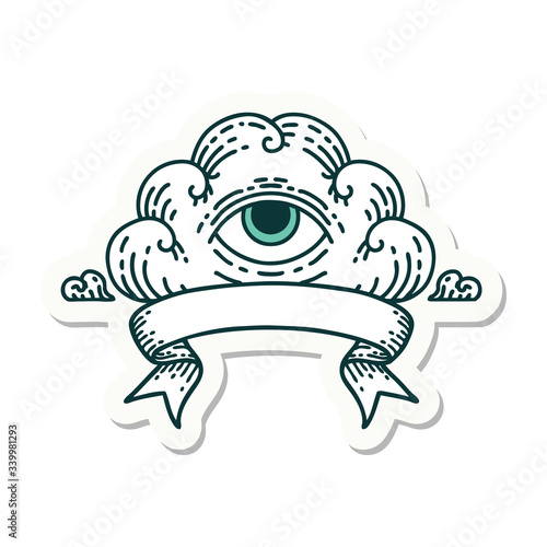 tattoo sticker with banner of an all seeing eye cloud
