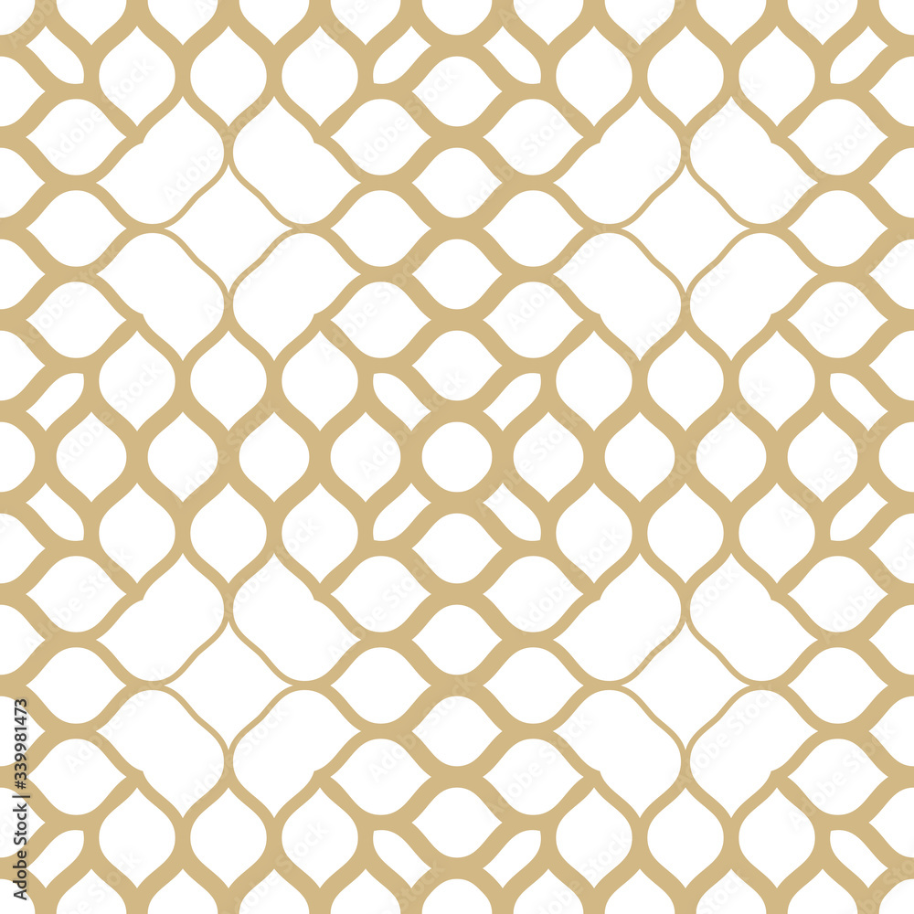 Fototapeta premium Golden vector halftone seamless texture. Abstract geometric pattern with gradient transition effect, grid, mesh, net, weave. Gold and white minimal repeat background. Luxury design for decor, prints