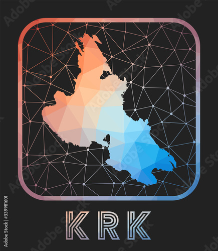 Krk map design. Vector low poly map of the island. Krk icon in geometric style. The island shape with polygonal gradient and mesh on dark background.