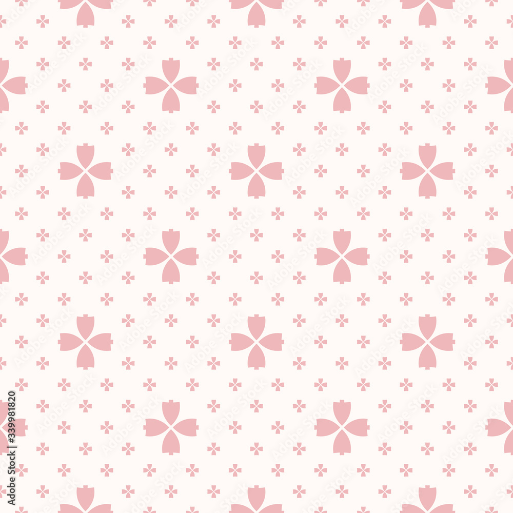 Simple minimalist floral texture. Geometric seamless pattern with small flower silhouettes, petals, leaves. Subtle vector abstract background. Pink and white minimal ornament. Delicate repeat design