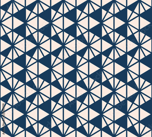 Triangle seamless pattern. Vector abstract geometric texture. Deep blue and beige color. Simple minimalist graphic background with triangles, hexagonal grid, net, mesh. Stylish minimal repeat design