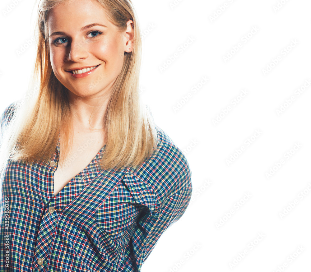 young pretty teenage hipster girl posing emotional happy smiling on white background, lifestyle people concept young pretty teenage hipster girl posing emotional happy smiling on white background, lifestyle people concept