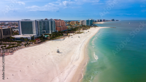 Clearwater Beach Florida. Hotels and restaurants on the island. White Florida beaches. Spring or summer vacations. Turquoise Gulf of Mexico water. © artiom.photo