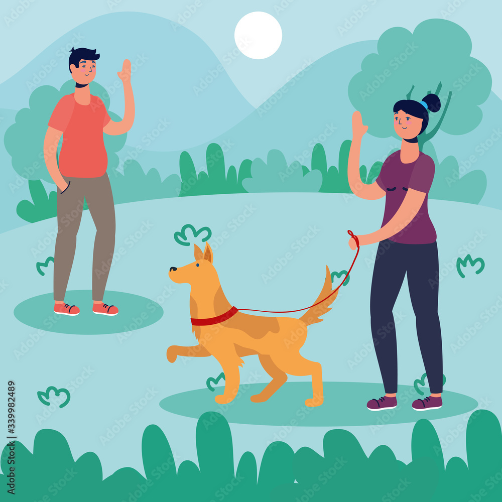 Fototapeta premium couple walking dog activity characters