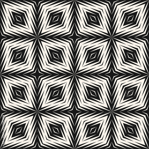 Vector abstract geometric seamless pattern. Stylish black and white texture with halftone transition effect. Modern background with lines, diagonal stripes, rhombuses, square tiles. Repeated design