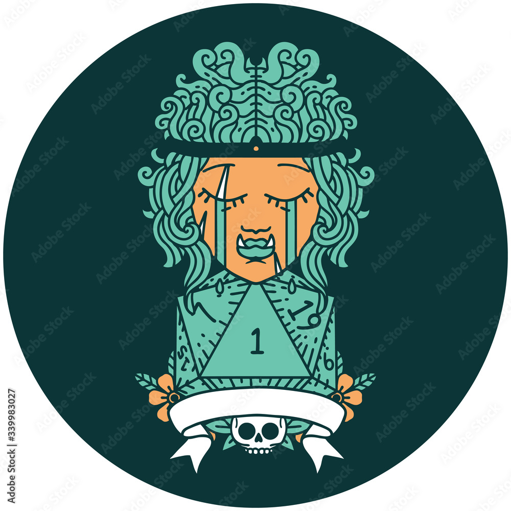 crying orc barbarian character with natural one D20 roll icon crying orc barbarian character with natural one D20 roll icon