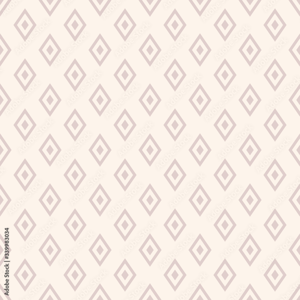 Subtle diamonds pattern. Vector geometric seamless texture with small rhombus shapes, grid, net. Abstract light pink and white graphic ornament. Delicate minimal background. Repeat decorative design
