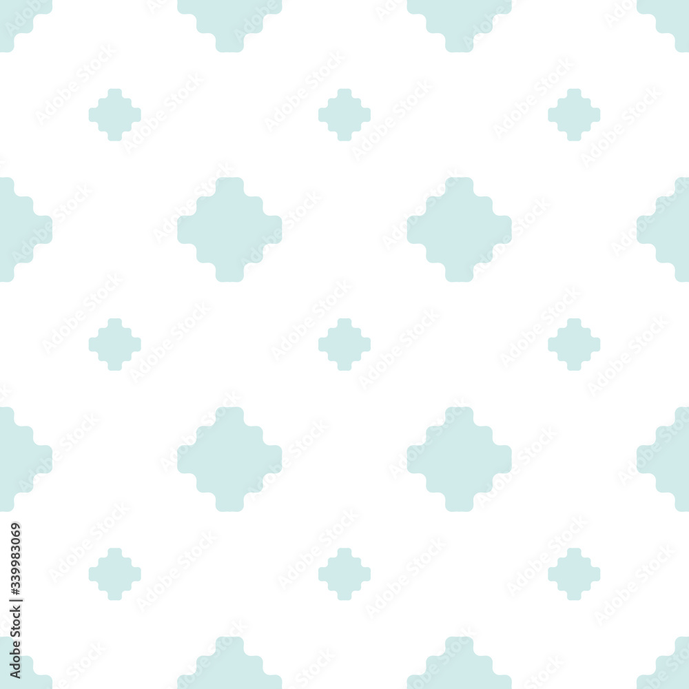 Vector minimalist geometric texture with flower shapes, squares, crosses. Abstract minimal floral seamless pattern. Simple background in light green and white color. Elegant ornament. Repeat design