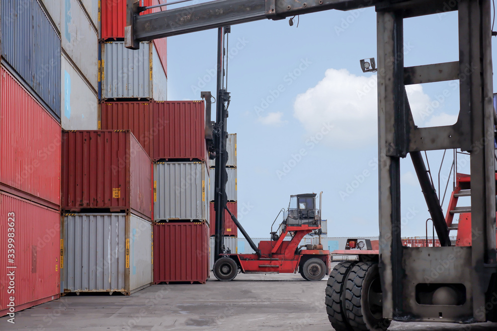 View of container forklift trucks for export, import, transportation, transportation concept, import business idea and export concept