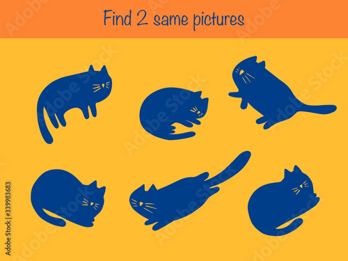 Find the same pictures - children educational game with cute cats. Vector illustration