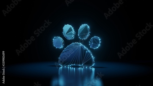 3d rendering wireframe neon glowing symbol of paw on black background with reflection photo