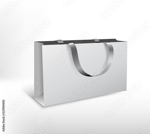 Big white paper  bags with silk rope. High resolution 3d illustration. Isolated on white background. 
