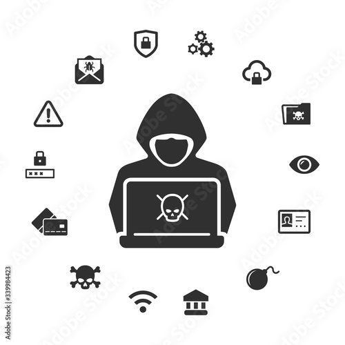 Computer hacker icon. Anonymous man with mask on laptop vector illustration
