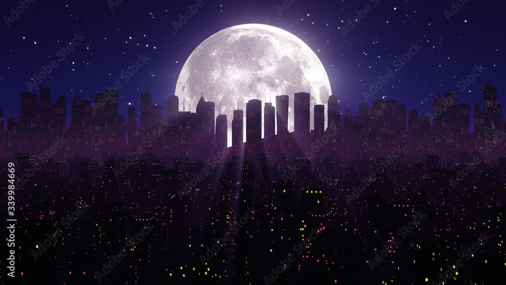 Retro Futuristic Sci Fi Night City 80s Synthwave Vj Or Cyberpunk Background With Neon Lights Moon And Stars 4k Stylized Vintage Vaporwave Landscape 3d Illustration For Videogame And Music Video Stock Illustration