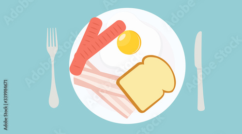 Vector Isolated Illustration of a Breakfast, with a Plate with a Fried Egg, Sausages, Bacon and Bread