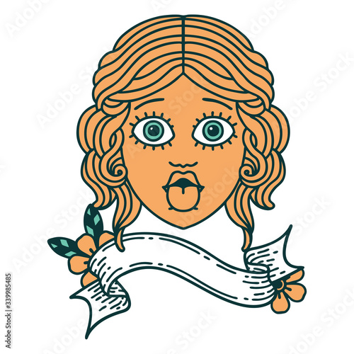 tattoo with banner of female face sticking out tongue