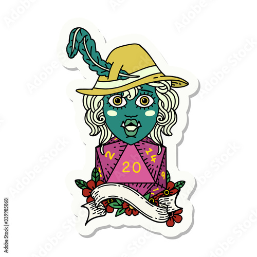 singing half orc bard with natural twenty dice roll sticker