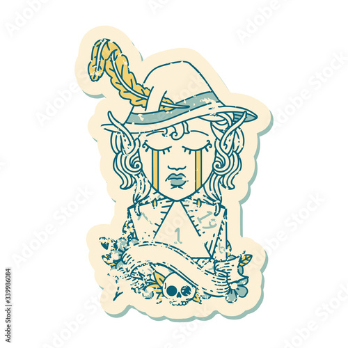 crying elf bard character face with natural one d20 dice roll illustration