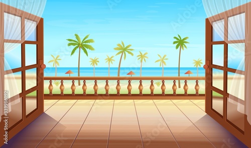 Panorama tropical island with open doors, palm trees, sea and the beach. Exit to the terrace with tropical island view. Vector illustration  in cartoon style.