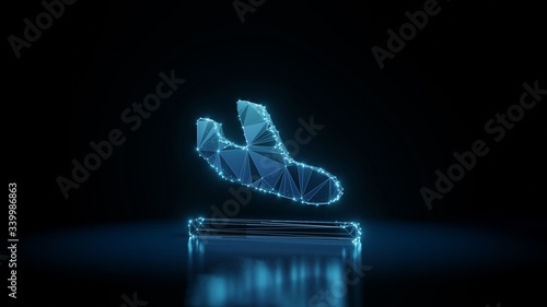 3d rendering wireframe neon glowing symbol of plane arrival on black background with reflection