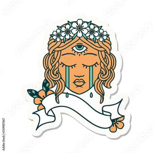 tattoo sticker with banner of female face with third eye crying