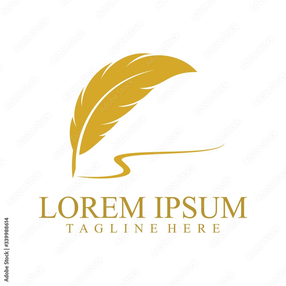 Feather Pen Design Concept Isolated on White Background. Gold Feather Logo Design.