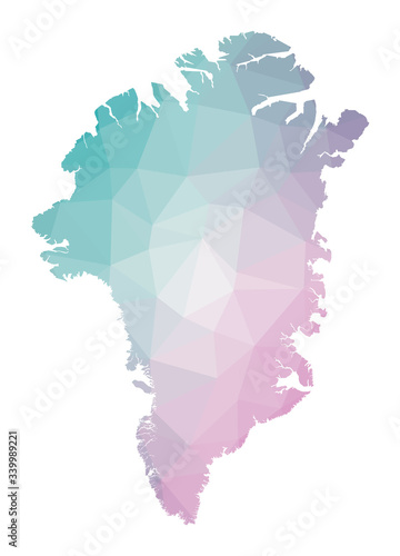 Polygonal map of Greenland. Geometric illustration of the country in emerald and amethyst colors. Greenland map in low poly style. Vector illustration.