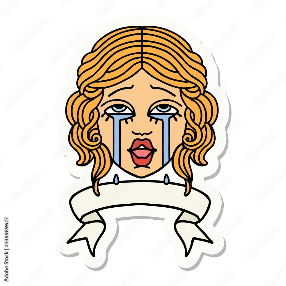 tattoo sticker with banner of a very happy crying female face tattoo sticker with banner of a very happy crying female face