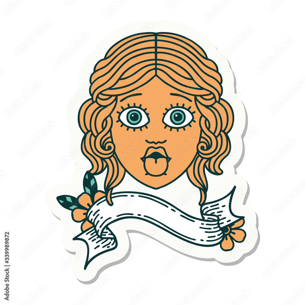 tattoo sticker with banner of female face sticking out tongue tattoo sticker with banner of female face sticking out tongue
