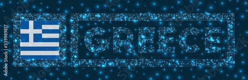 Greece badge. Flag of Greece in glowing network geometric style. Trendy vector illustration.