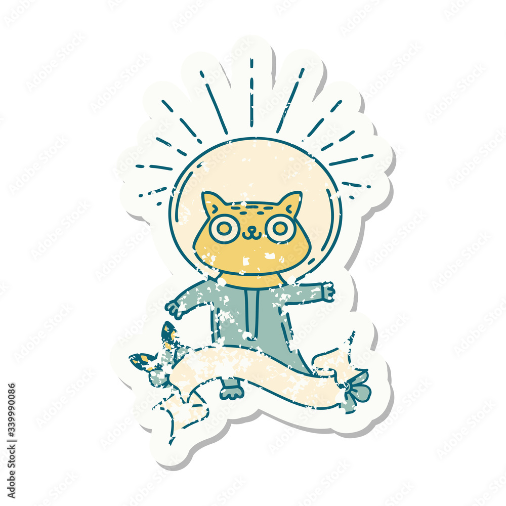 grunge sticker of tattoo style cat in astronaut suit