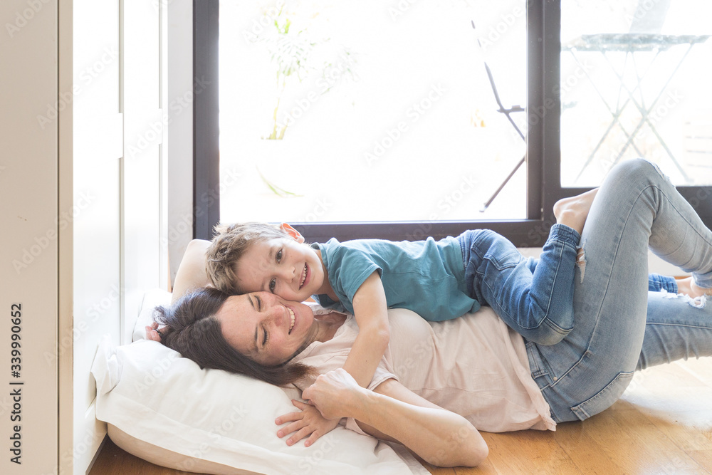mother and son smiling and cheerful . Space for text mother and son smiling and cheerful . Space for text