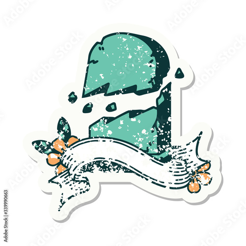 grunge sticker with banner of a broken grave stone