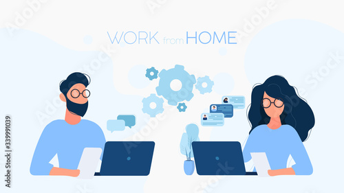 Work from home banner. The guy and the girl at the laptop. The concept of work remotely. Vector.