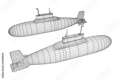 Military atomic submarine underwater boat. Wireframe low poly mesh vector illustration