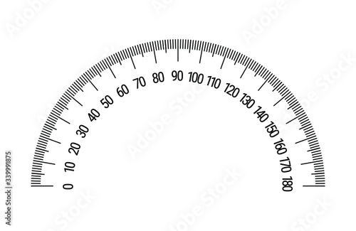 Protractor grid for measuring angle or tilt. 180 degrees scale. Stock vector illustration on white isolated background.