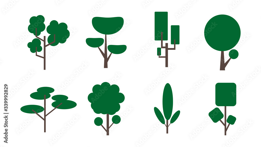 Set of tree icons on white background.Green forest vector illustation.