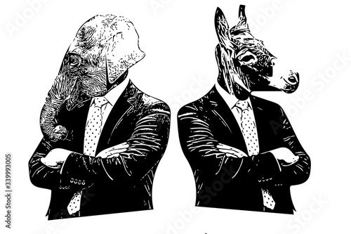 black and white comic book style illustration of republican and democrat characters

