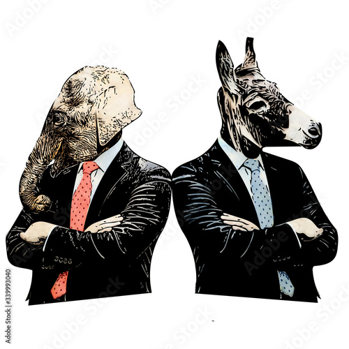 Color comic style illustration of a republican elephant and a democratic donkey